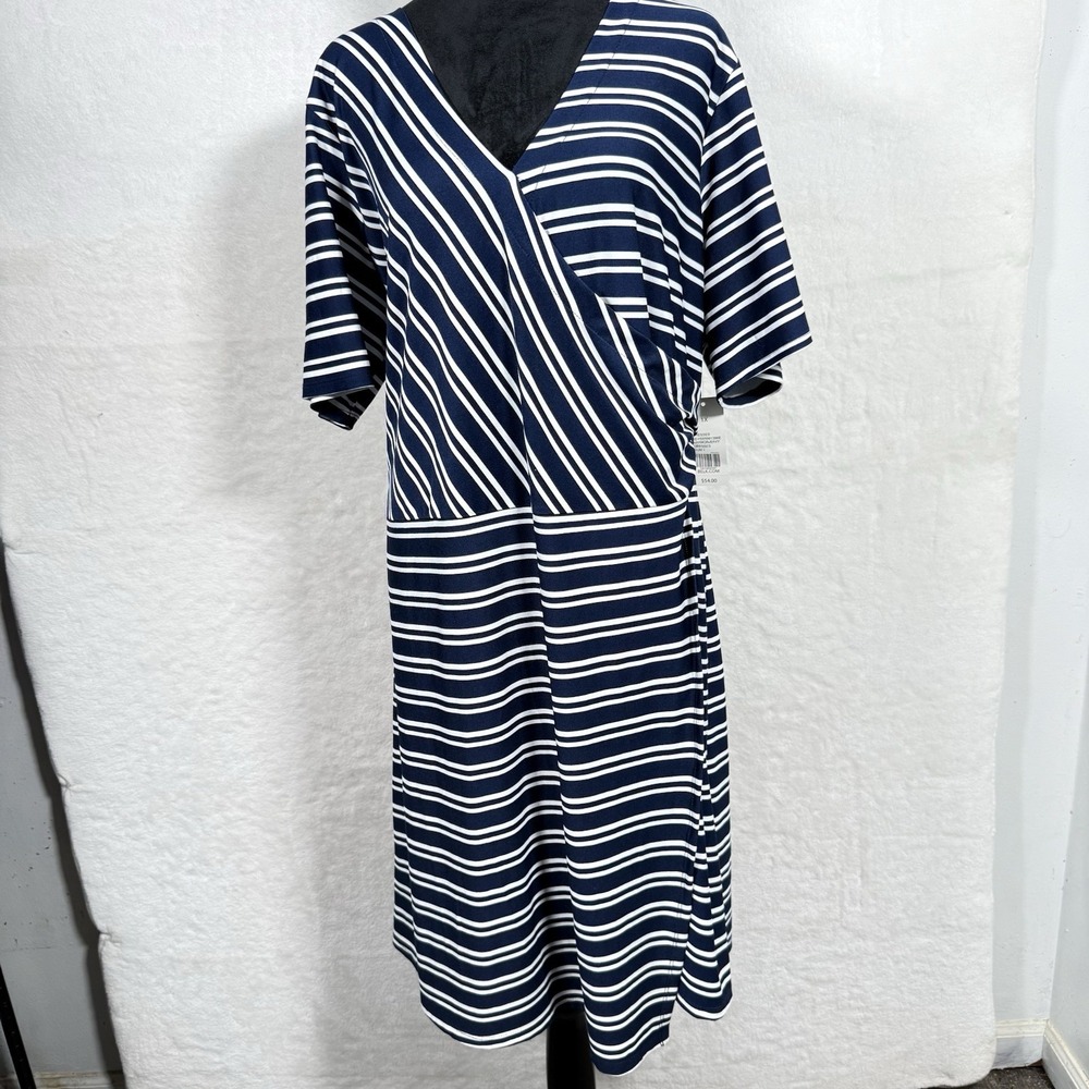 NEW Kim Rogers Dress Womens 1X Curvy Blue White Stripe Short Sleeves Mock Wrap